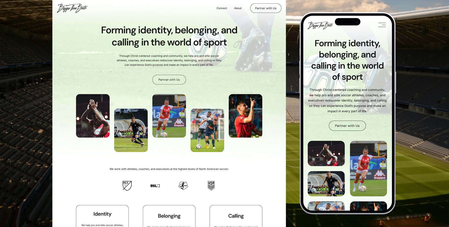 Webpage displayed on a computer screen and a mobile phone showing a website for a soccer coaching or community organization. The website features a headline about forming identity, belonging, and calling in the world of sport, with images of soccer players in action.