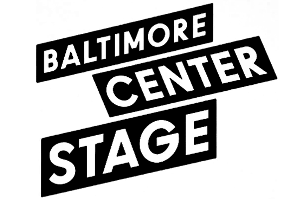 Black and white graphic with the words "Baltimore Center Stage" arranged diagonally in bold, uppercase letters.