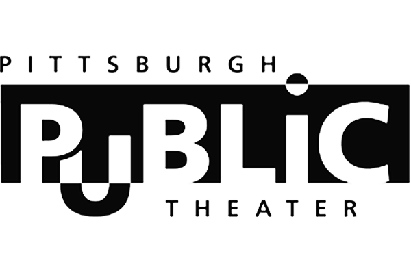 Logo for Pittsburgh PUBLIC Theater in black and white, with the word "PUBLIC" stylized and the words "PITTSBURGH" above and "THEATER" below.