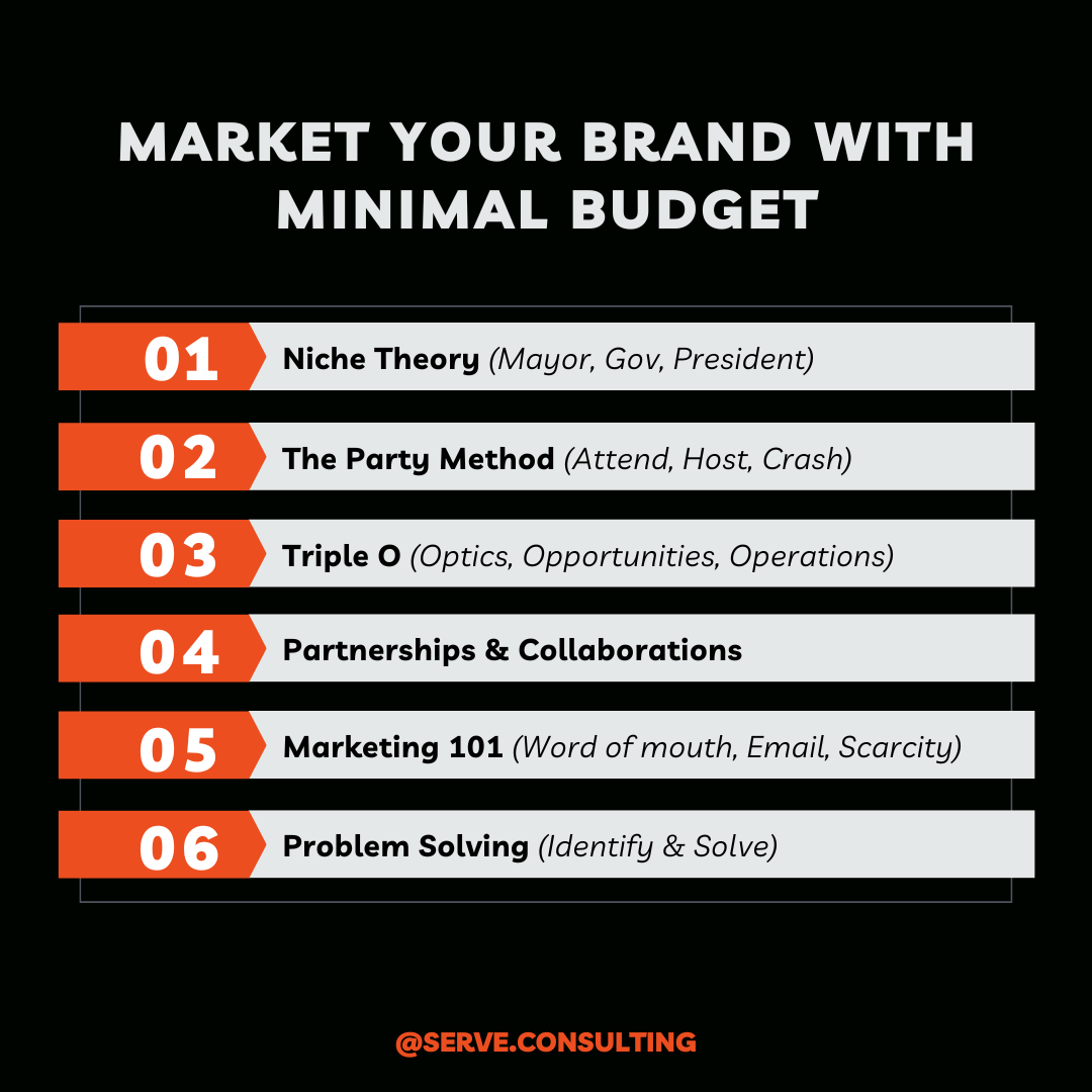Graphic listing the 6 ways to market your brand with minimal budget