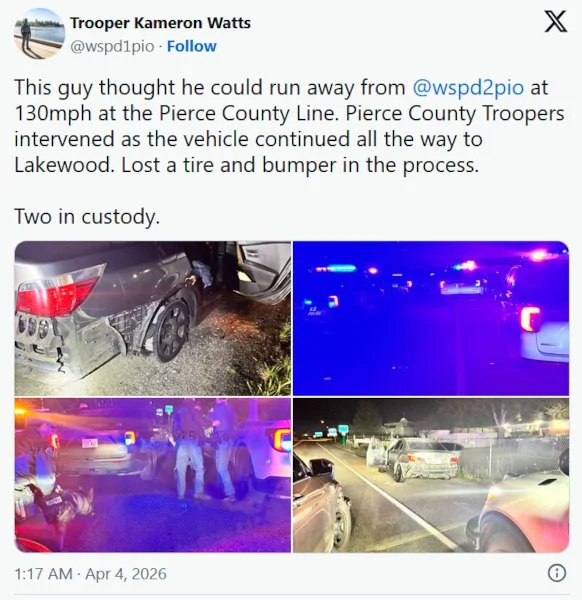 WA troopers arrest two after 130 mph pursuit on I-5 from Federal Way to Lakewood - q13