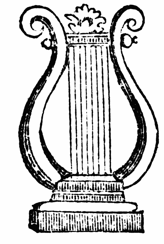 Black and white illustration of a lyre, a musical instrument with a rounded, open shape, vertical strings, and decorative details at the top.
