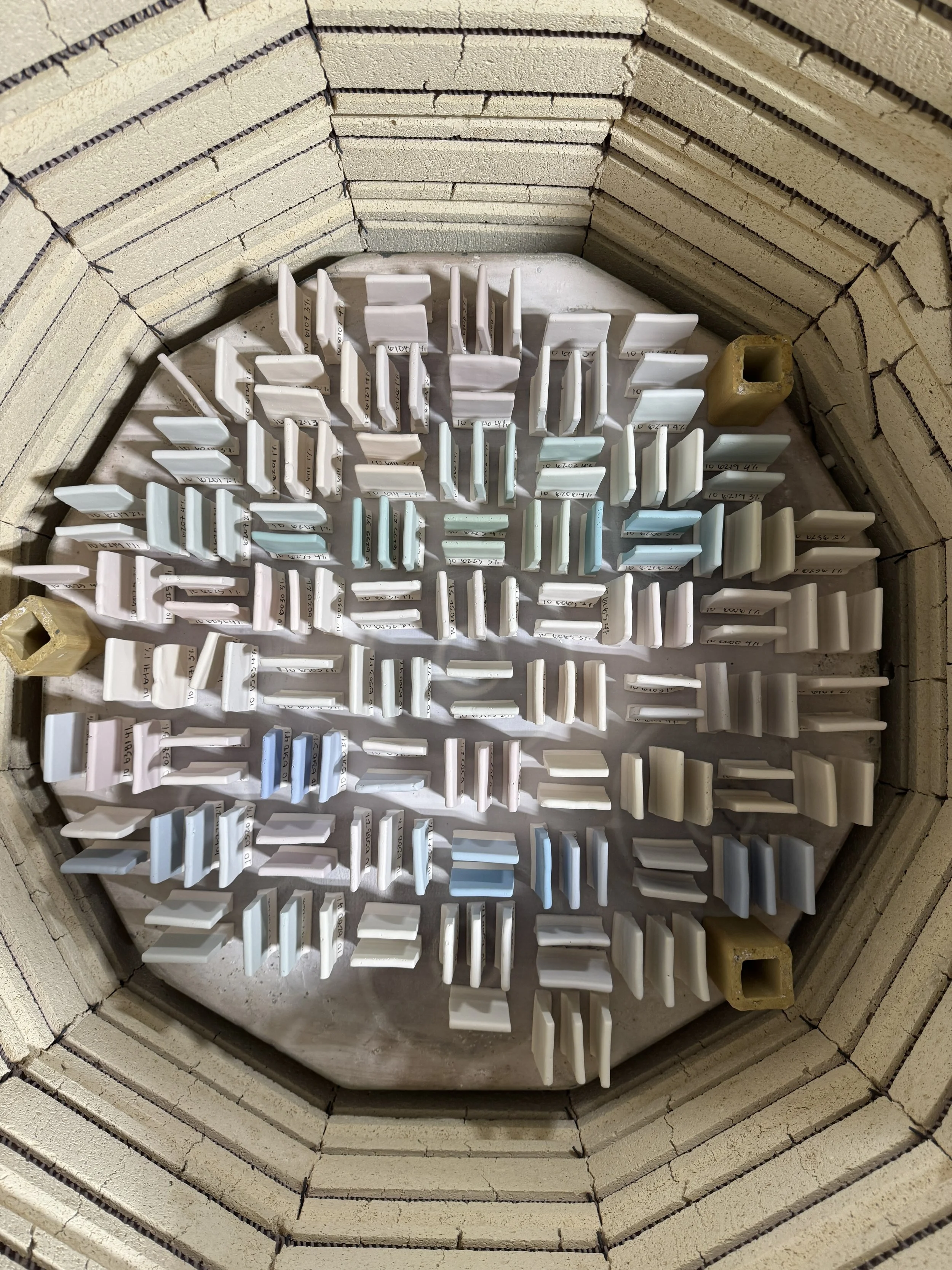 Kiln loaded with tiles before firing.