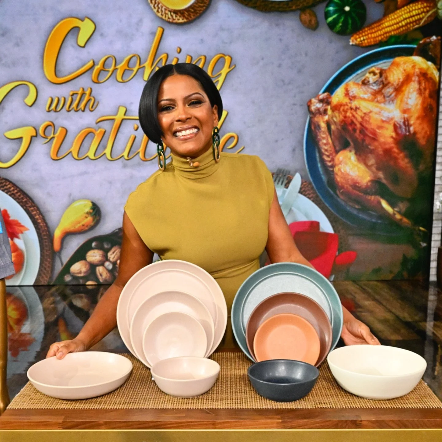 Thank you so much @tamronhall &amp; @tamronhallshow for featuring Myrth tableware in the Cooking with Gratitude episode! This marks the first national TV appearance for Myrth 🥳 seeing our new glaze colors glow on TV beside Tamron has us filled with 