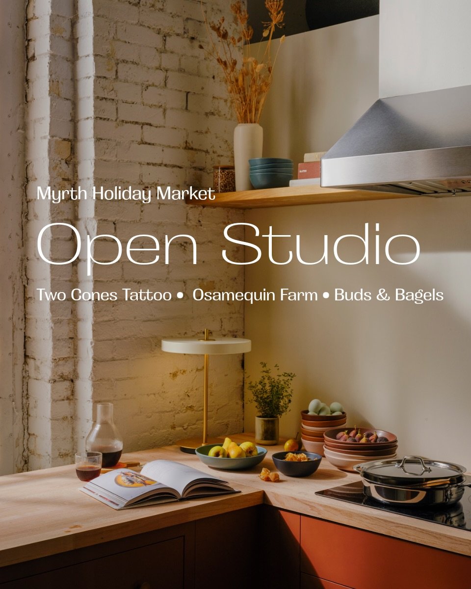 Myrth Holiday Open Studio this weekend! Join us for a little market with our friends @twoconestattoo, @osamequinfarm, and enjoy snacks from @buds_and_bagels. Shop our full collection, including limited editions, and explore the studio with a treat 🥯
