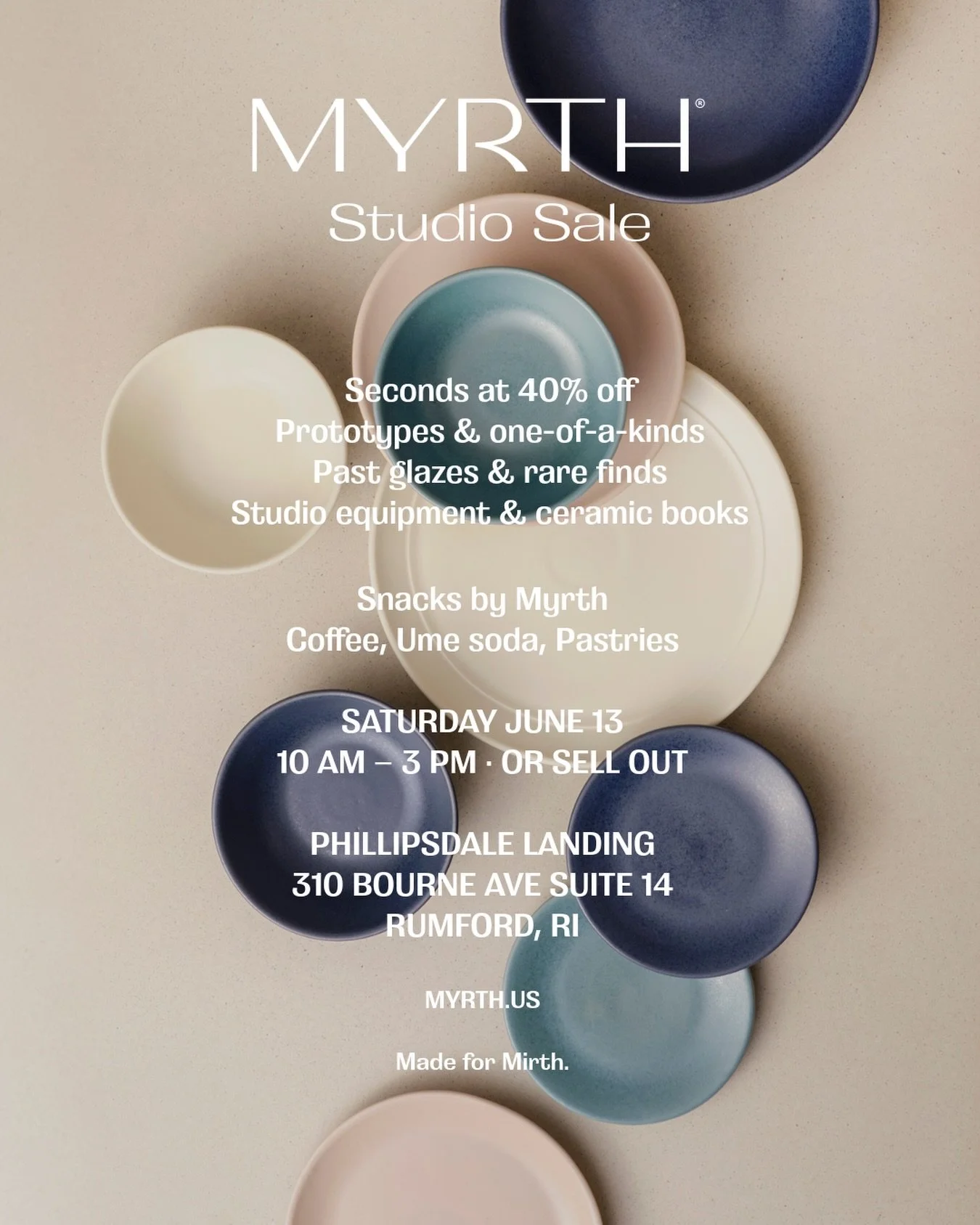 Open Studio this Saturday! Join us. 

June 13, 10am&ndash;3pm at Phillipsdale Landing in East Providence. One day, no restock, close when it&rsquo;s gone.

Seconds at 40% off, prototypes and one-of-a-kinds priced individually, past glazes and rare fi