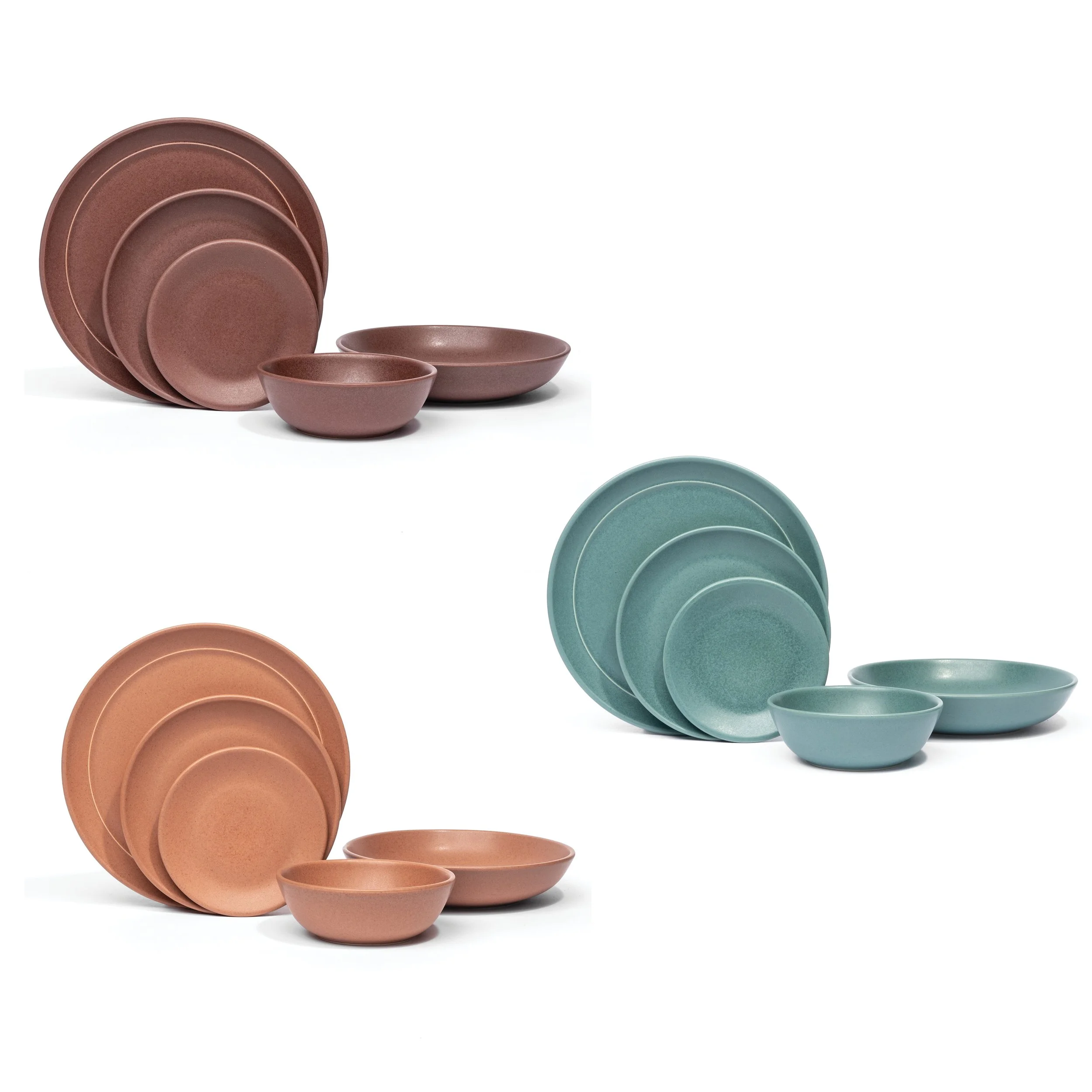 Three Myrth porcelain place settings, each in a single glaze: Rosewood, Canyon, and Verdigris.
