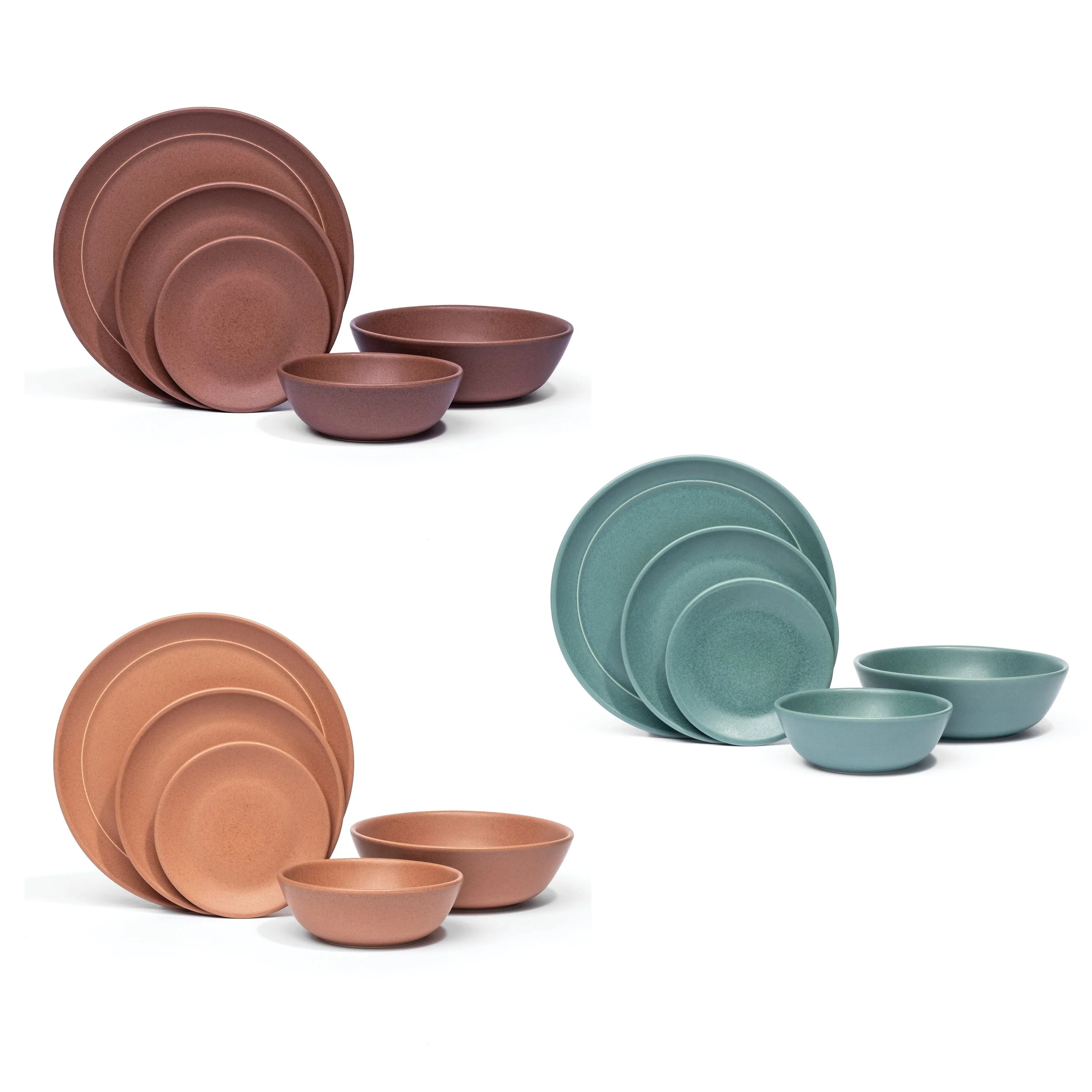 Three Myrth porcelain place settings, each in a single glaze: Rosewood, Canyon, and Verdigris.