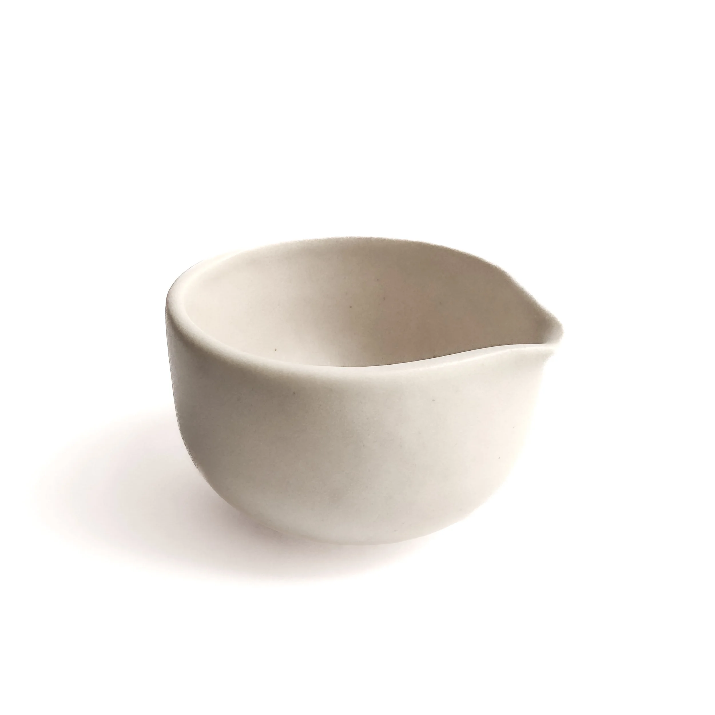 Handcrafted porcelain Sake Pour, 2.5 inch, 2 fluid ounce, shown in Moonlight glaze — Myrth Ceramics