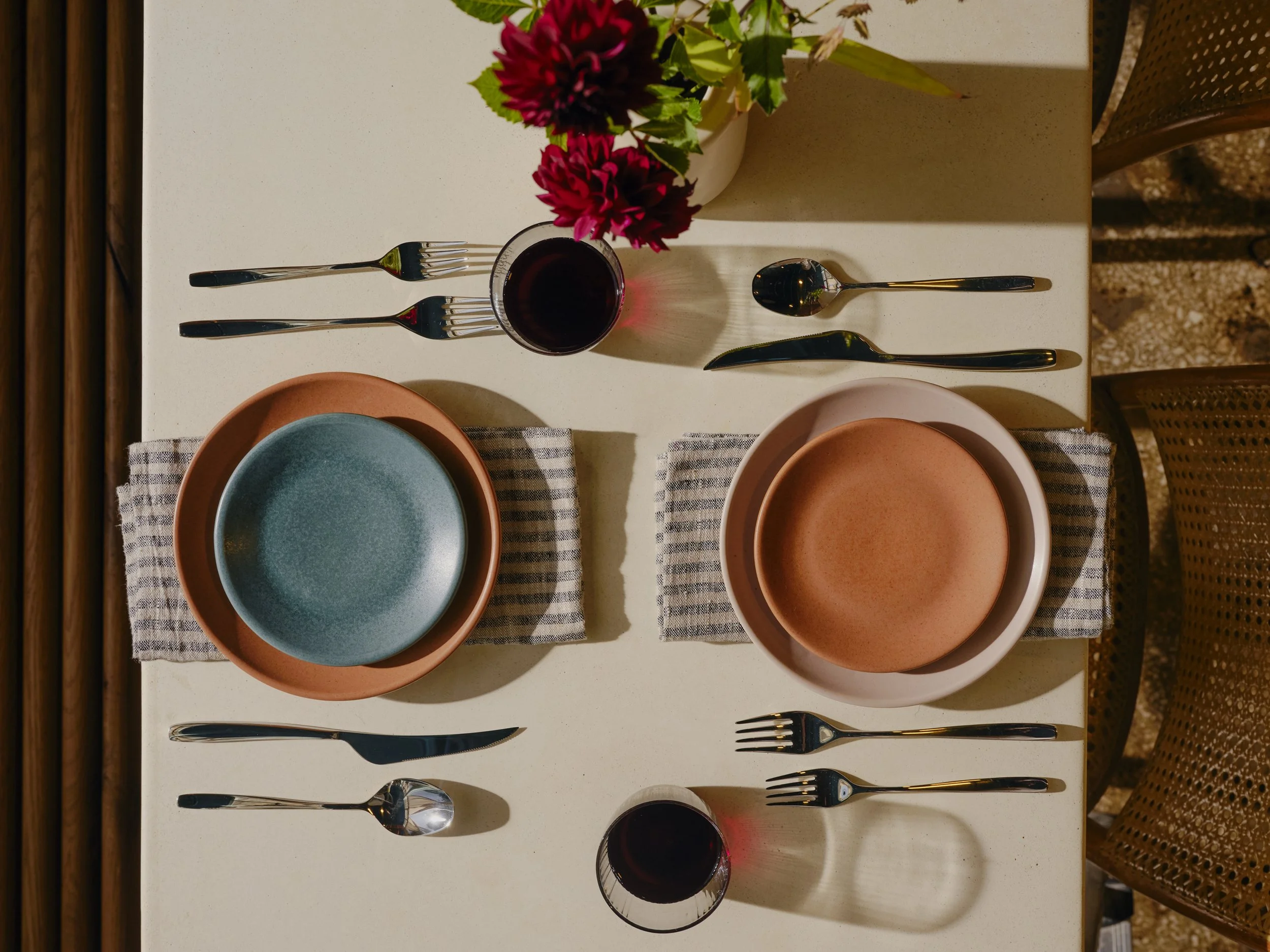 Restaurant table set with Myrth porcelain dinner and appetizer plates