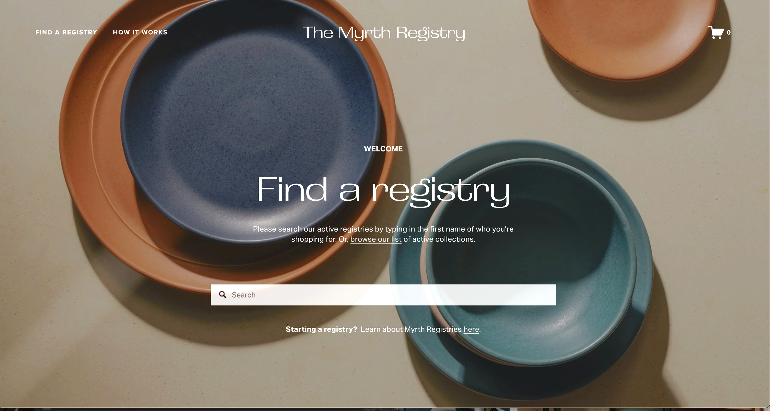 A website homepage for The Myrrh Registry featuring a background of stacked ceramic bowls in shades of blue, orange, and pink on a beige surface.