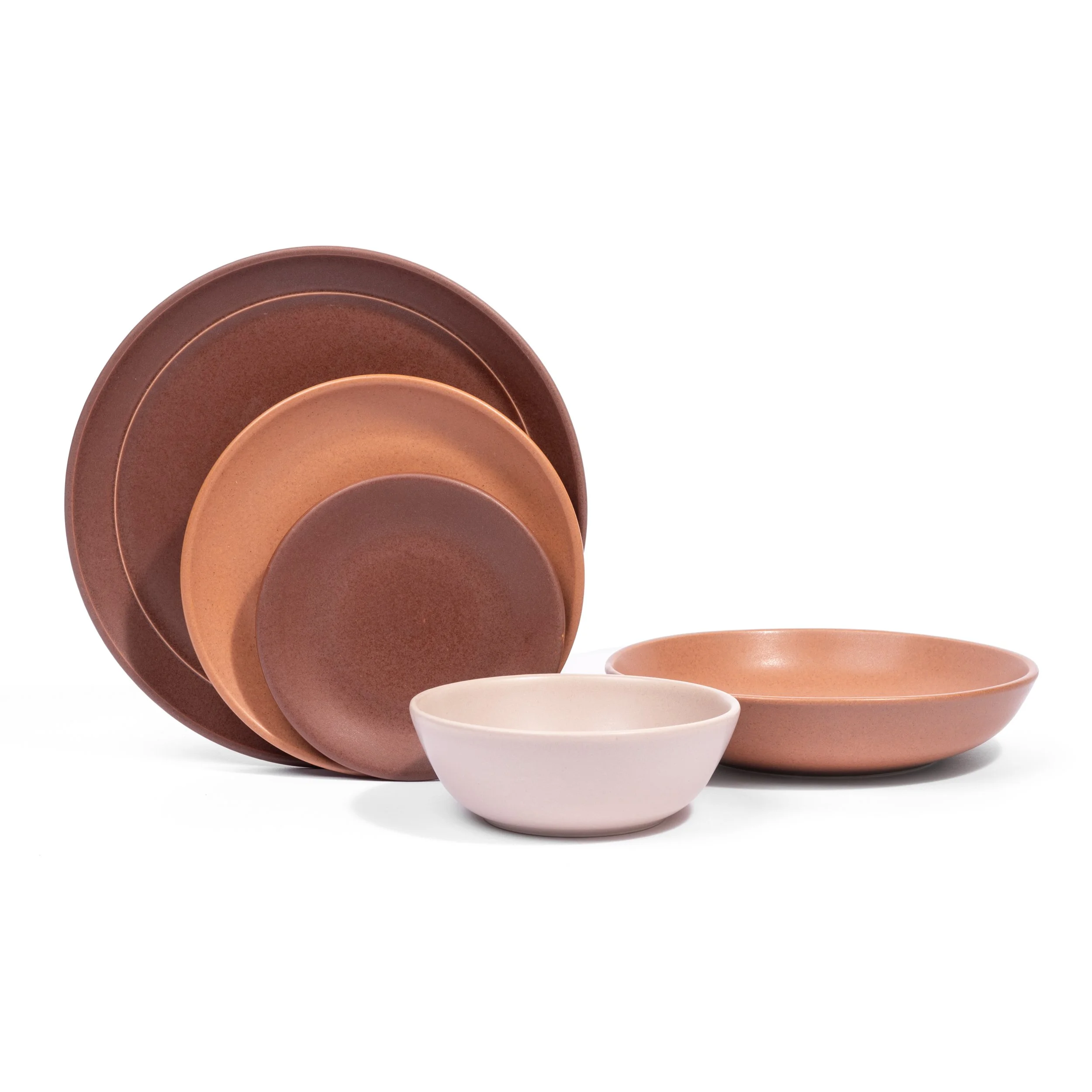 Myrth place setting mixing glazes by form, Nightfall dinner and appetizer plates with a Dove tasting bowl.