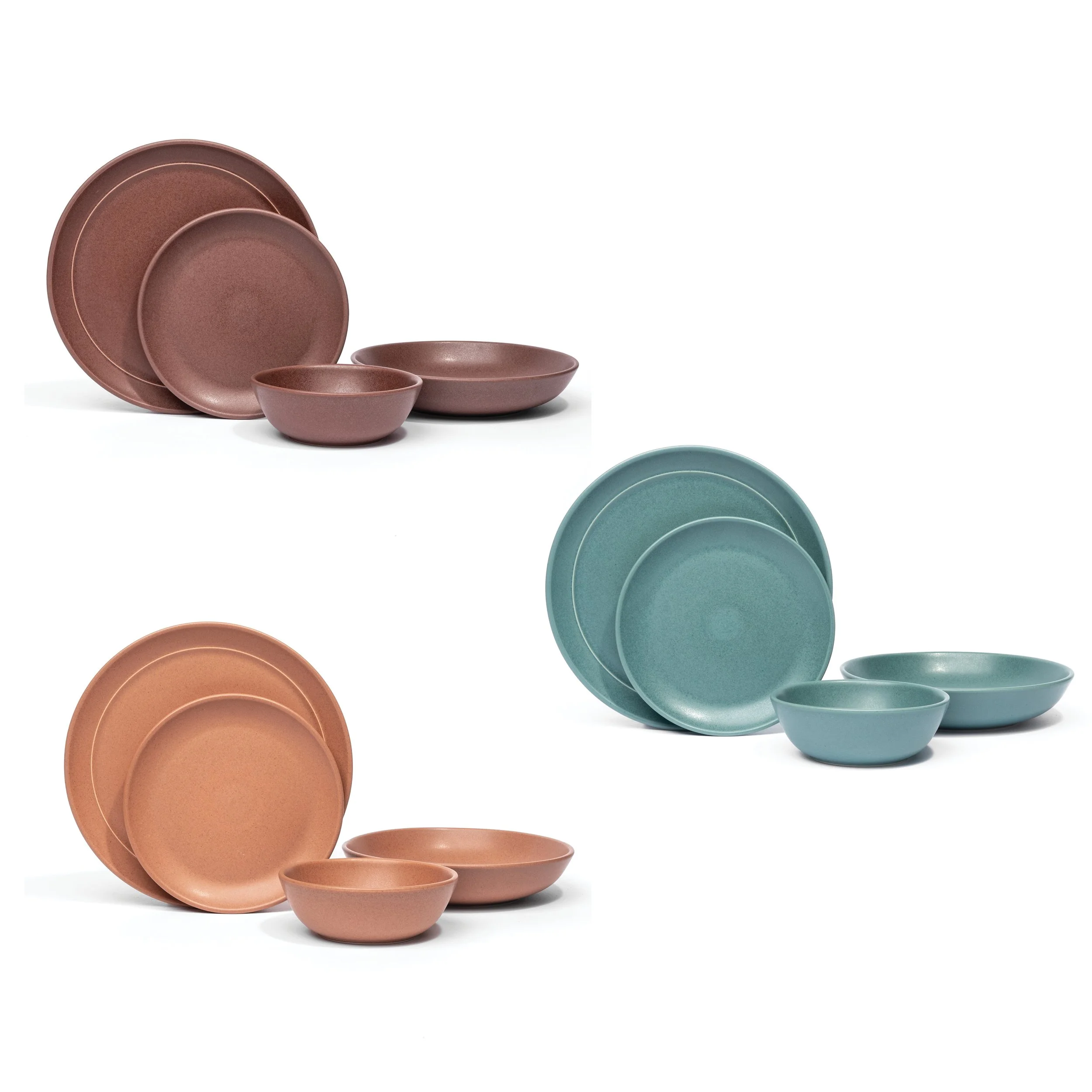 Three Myrth porcelain place settings, each in a single glaze: Rosewood, Canyon, and Verdigris.
