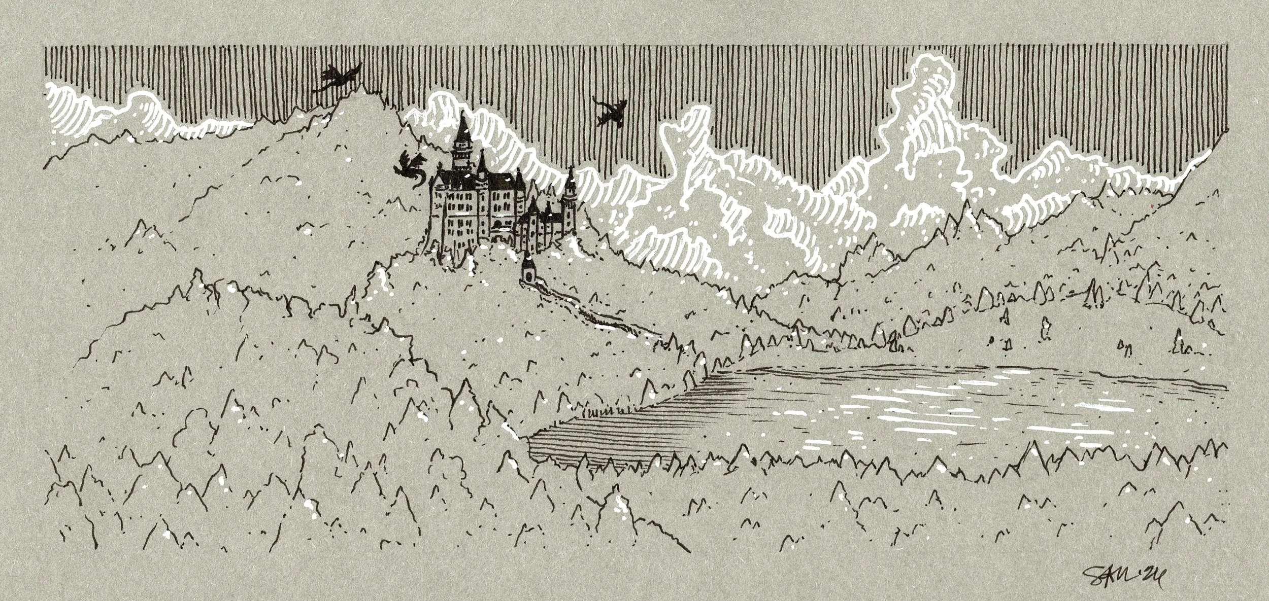 Somewhere In My Mind • ink on toned paper • 3x7” • Original Available (contact me for more information)