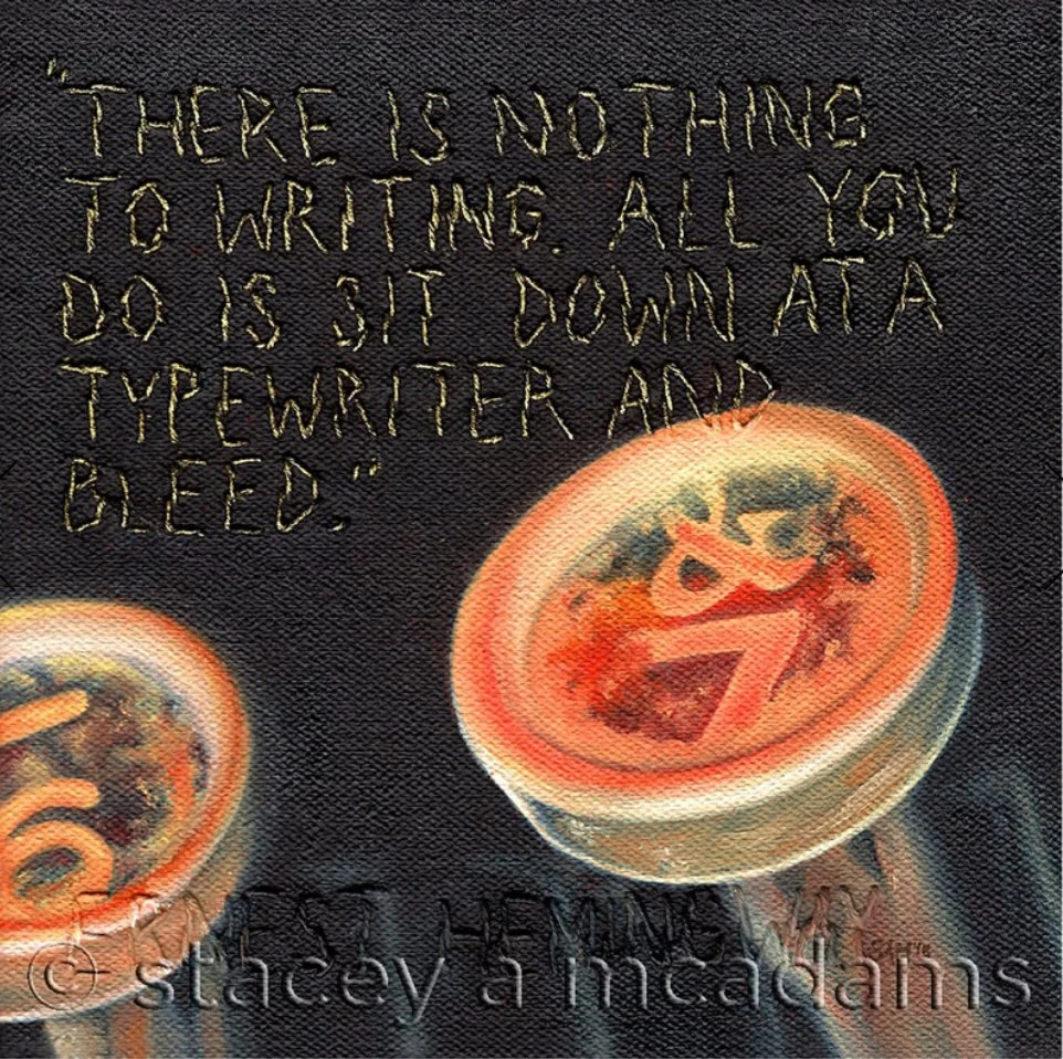“…AND BLEED.” • oil on canvas with waxed linen thread, hand embroidered quote • 6x6” • Original Available (click on image for more info)