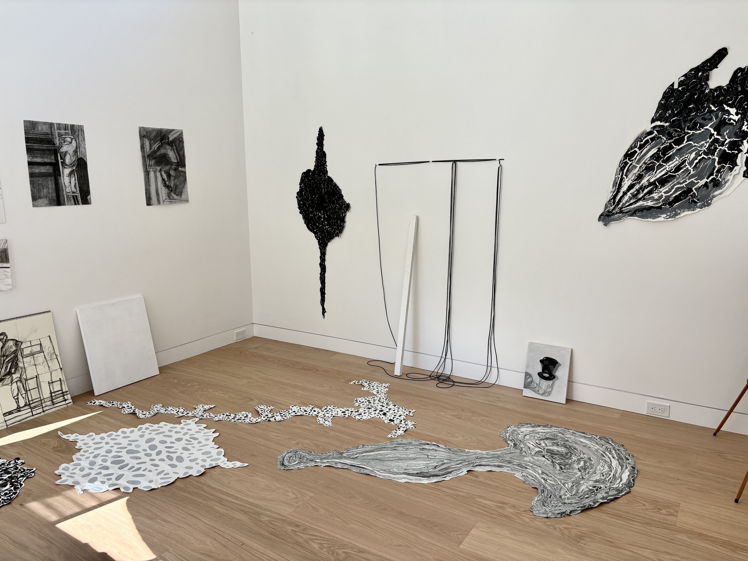Contemporary art installation in a gallery featuring abstract black, white, and gray sculptural pieces on the floor and wall, with drawings leaning against the wall.