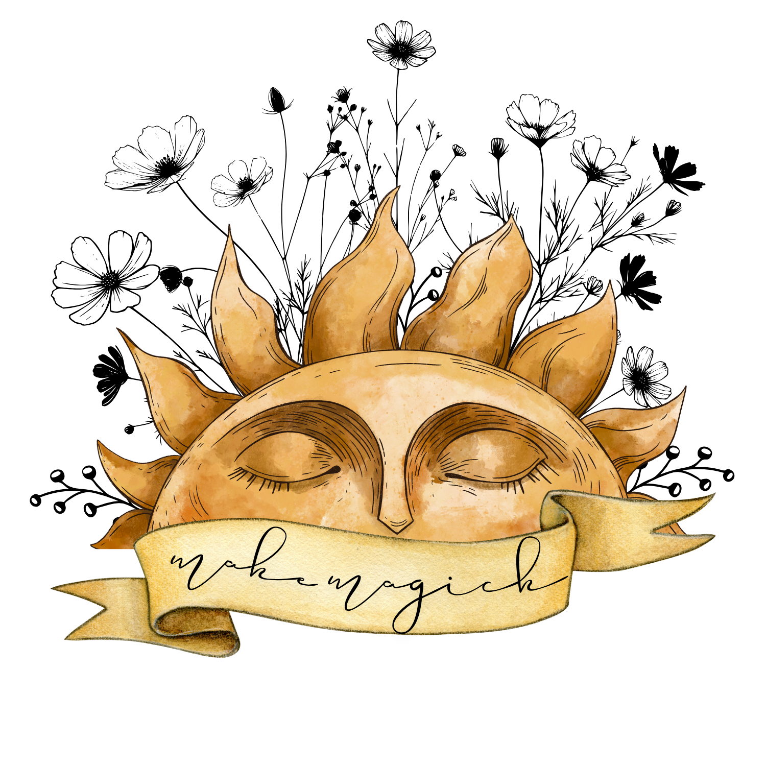 Stylized illustration of a sun with a face, closed eyes, surrounded by sun rays, with a banner across the bottom that says "make magick"