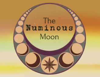 Artistic design of a large crescent moon with smaller moon phases and a star at the bottom, titled 'The Numinous Moon'