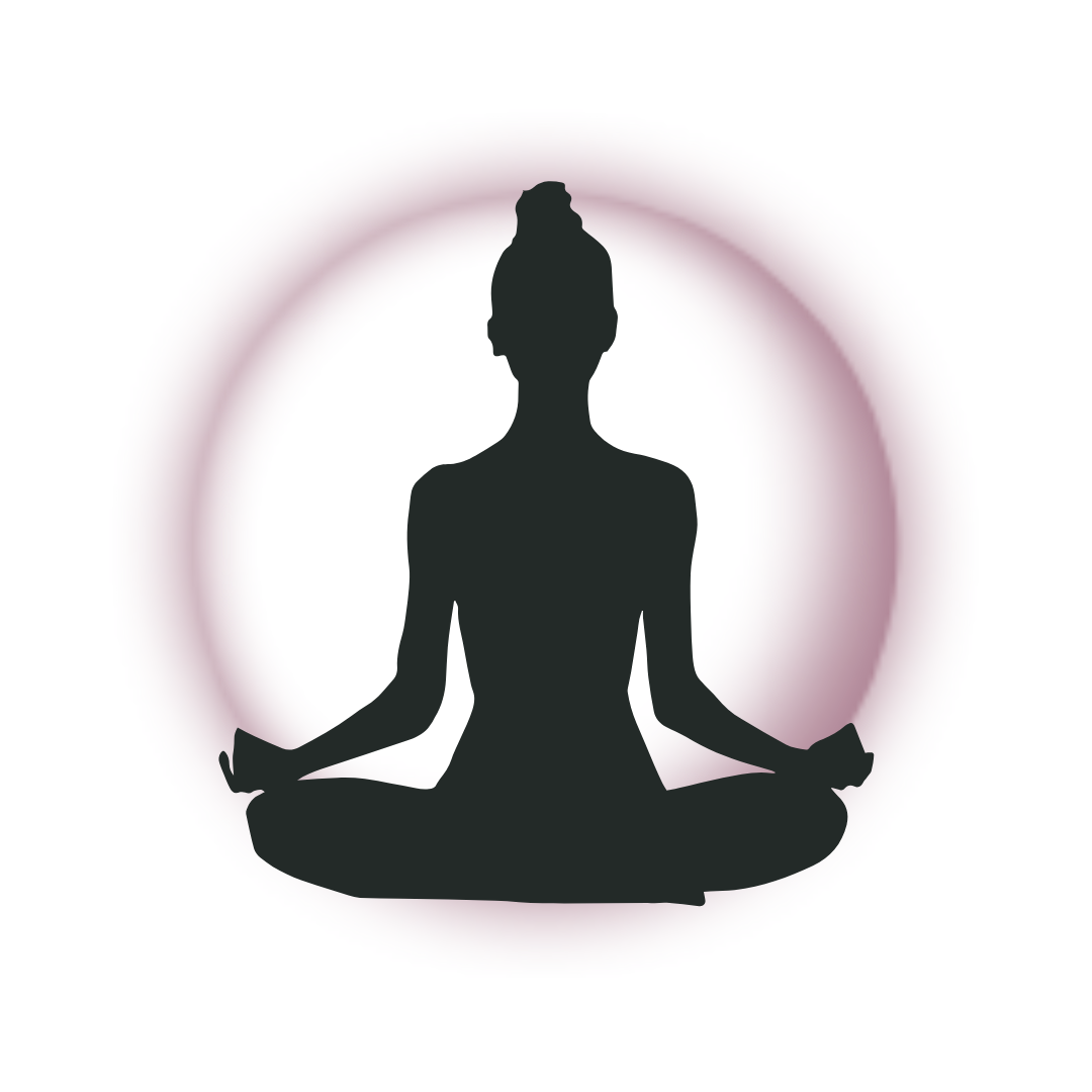 Silhouette of a person in a seated meditation pose inside a pink circle.