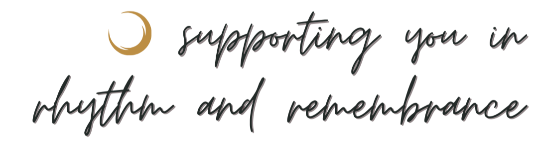 Graphic with a gold crescent moon and the text 'Supporting you in rhythm and remembrance' in black cursive font.