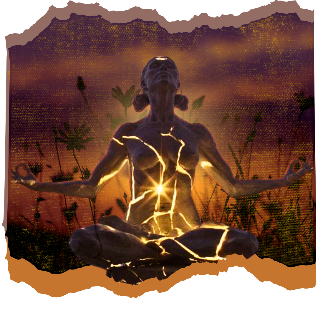 A person sitting in a meditative pose with their eyes closed, surrounded by glowing golden cracks resembling lightning, in front of a sunset with mountain outlines and silhouette flowers.