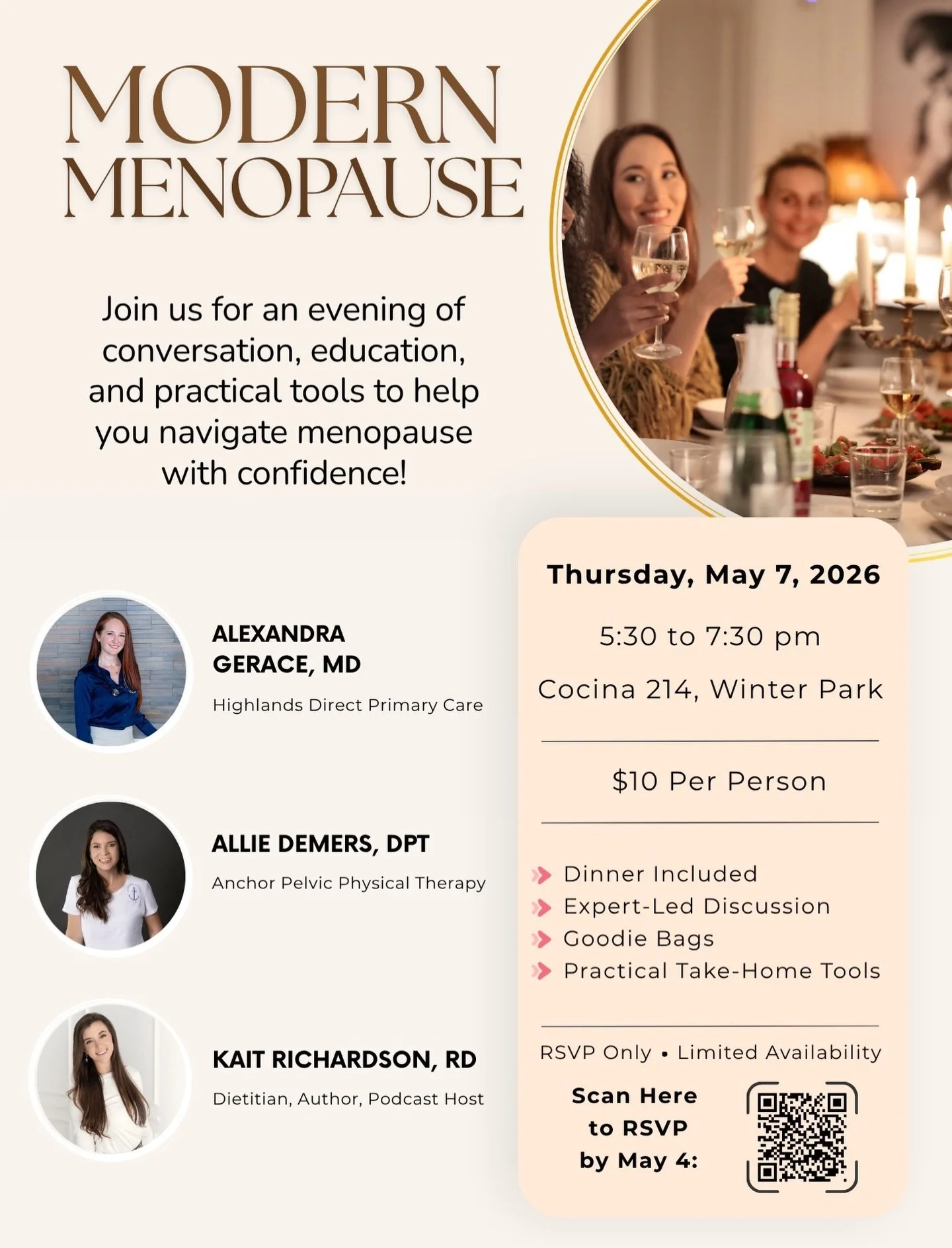Let&rsquo;s talk menopause over dinner

Joining two incredible colleagues &mdash; a women&rsquo;s health physician and a pelvic floor PT &mdash; for an intimate evening all about navigating menopause with clarity and confidence.

📅 Thursday, May 7th