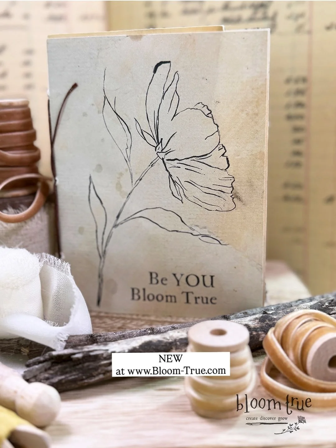 This one of a kind, handmade art journal is in my shop at bloom&ndash;true.com. You&rsquo;ll find my floral  illustrations, authentic vintage paper, original collage pages and an original watercolor, all hands stitched together to create a one of a k