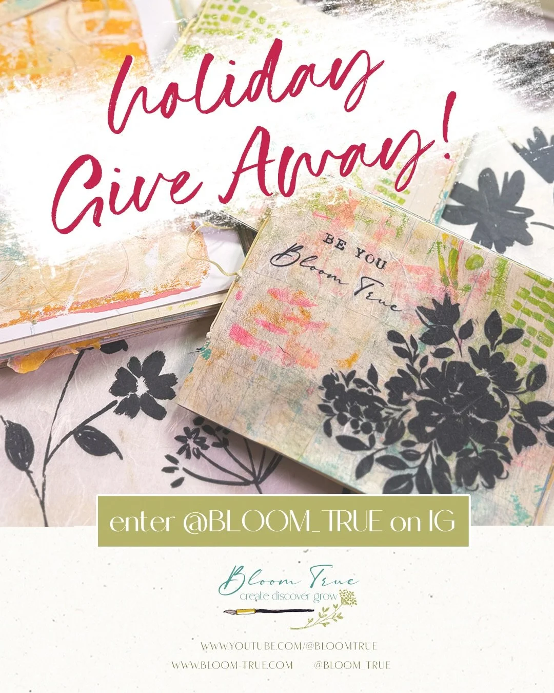 Hey everyone,

This is a season of giving, and we want to celebrate this with you with a GIVE AWAY of  this ORIGINAL hand made, hand painted mixed media art journal with a sheet of our silhouette florals to collage with.

TO ENTER:

(1.) Follow https