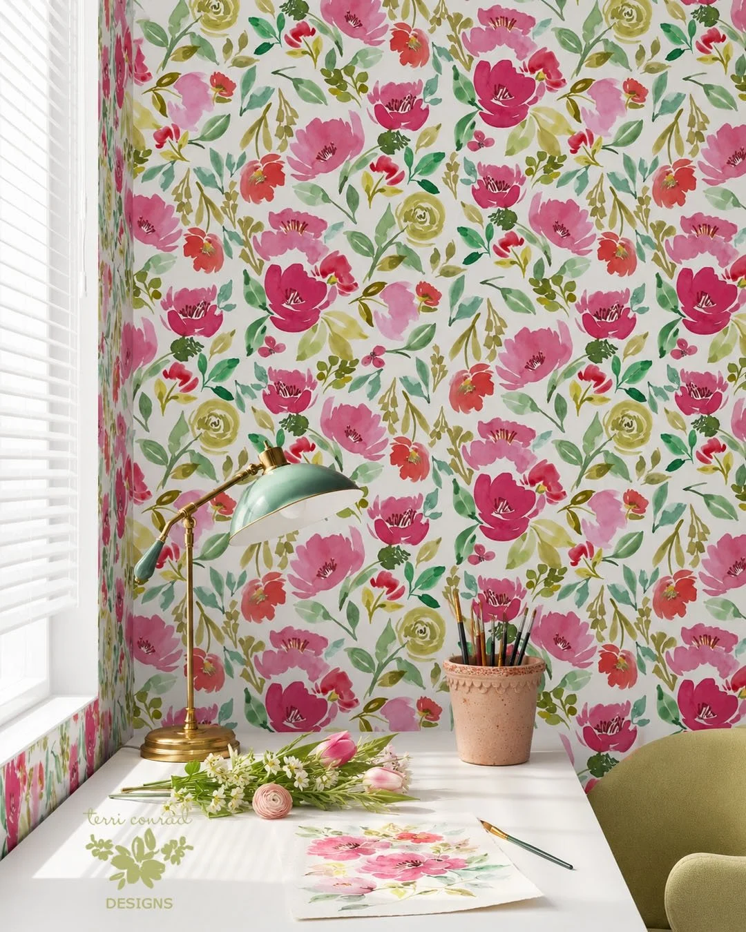 I am so going to have this cheerful watercolor floral wallpaper installed in my art studio/home office. Imagine if everyone was allowed to decorate their commercial office space the way they wanted. Mine would definitely be a cheerful, brightly lit, 