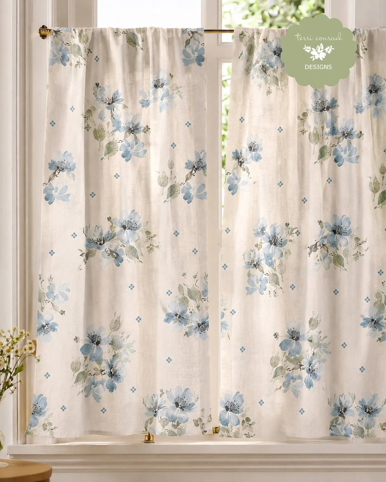 A little sweet, a little sophisticated. This is my newest watercolor floral pattern sewn into these oh so lovely caf&eacute; curtains. If you&rsquo;re like me, you love Caf&eacute; curtains. There is a perfect accent to a kitchen or laundry room wind