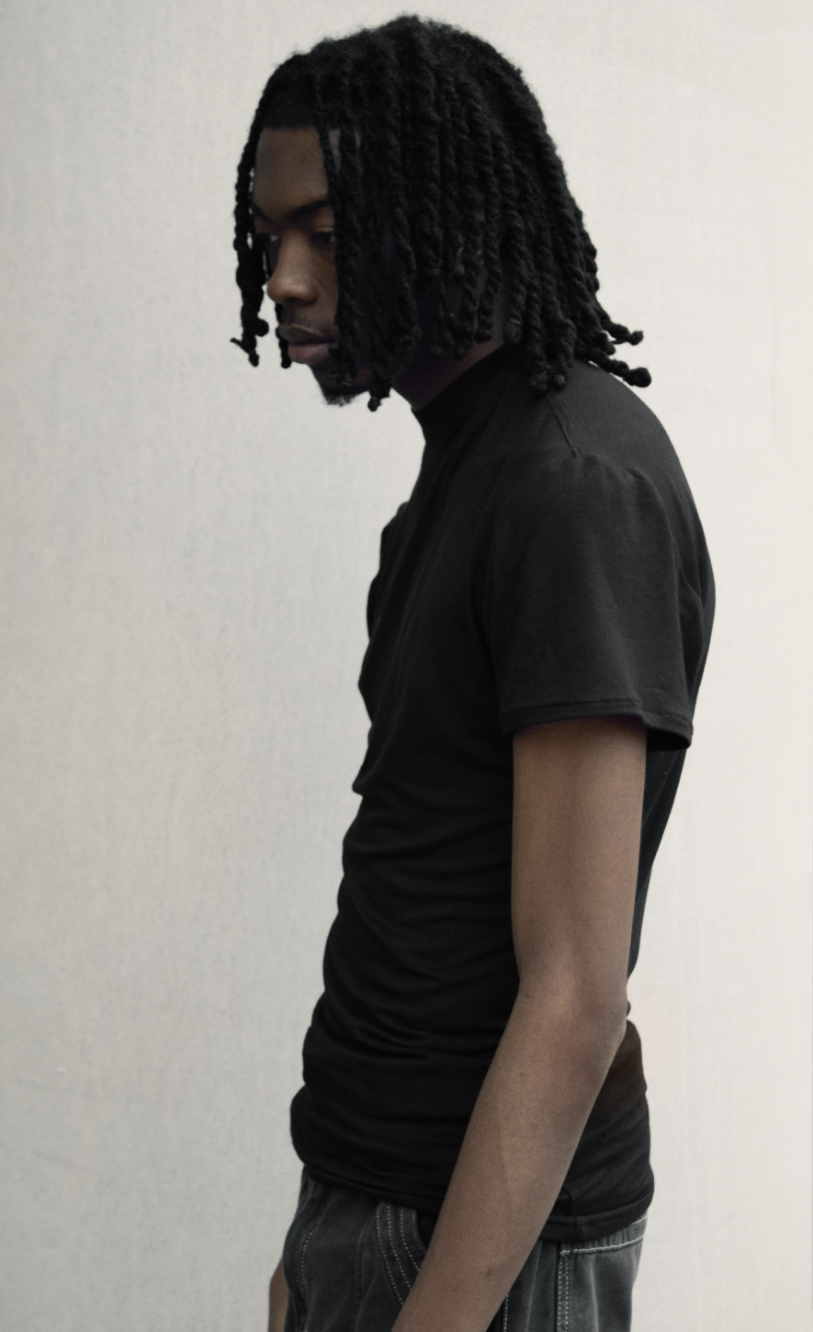 Black bamboo mock neck t-shirt worn, side view