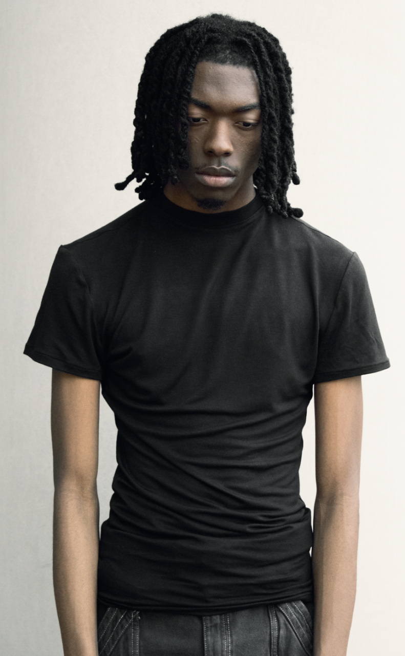 Black bamboo mock neck t-shirt worn, front view