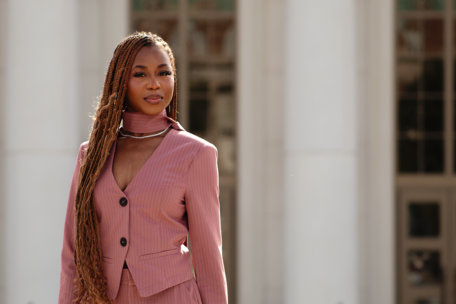 Courtney McClain standing astute in front of Spartanburg County Courthouse
