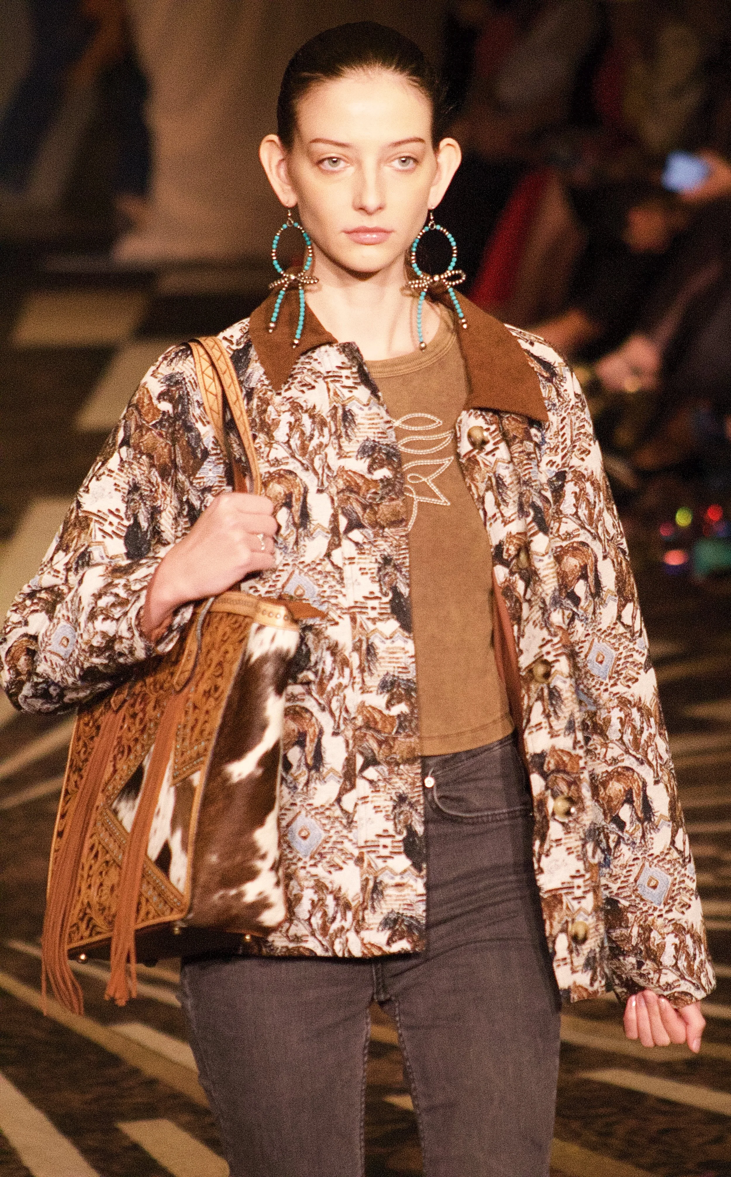 Paisley print outfit worn by model on runway
