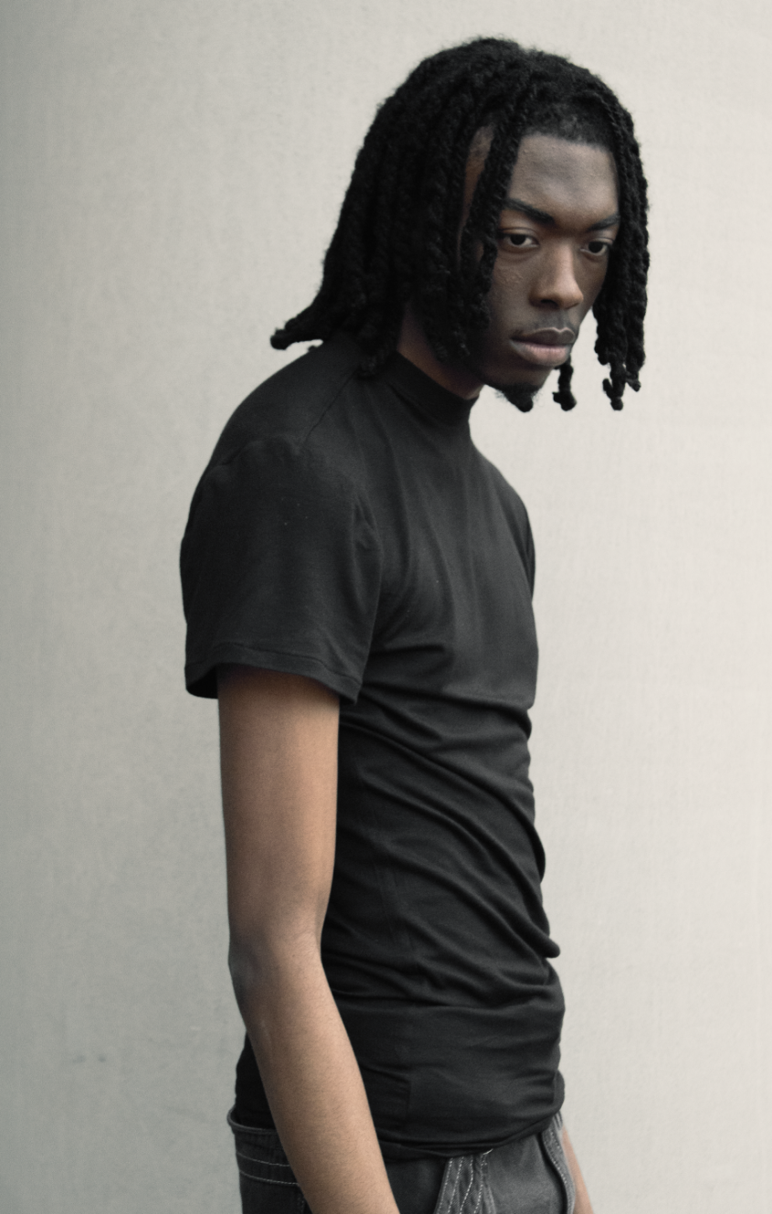 Black bamboo mock neck t-shirt worn, side view