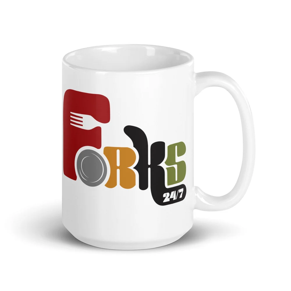 Forks247 Classic White Mug  Sip in Style!  Forks 24/7