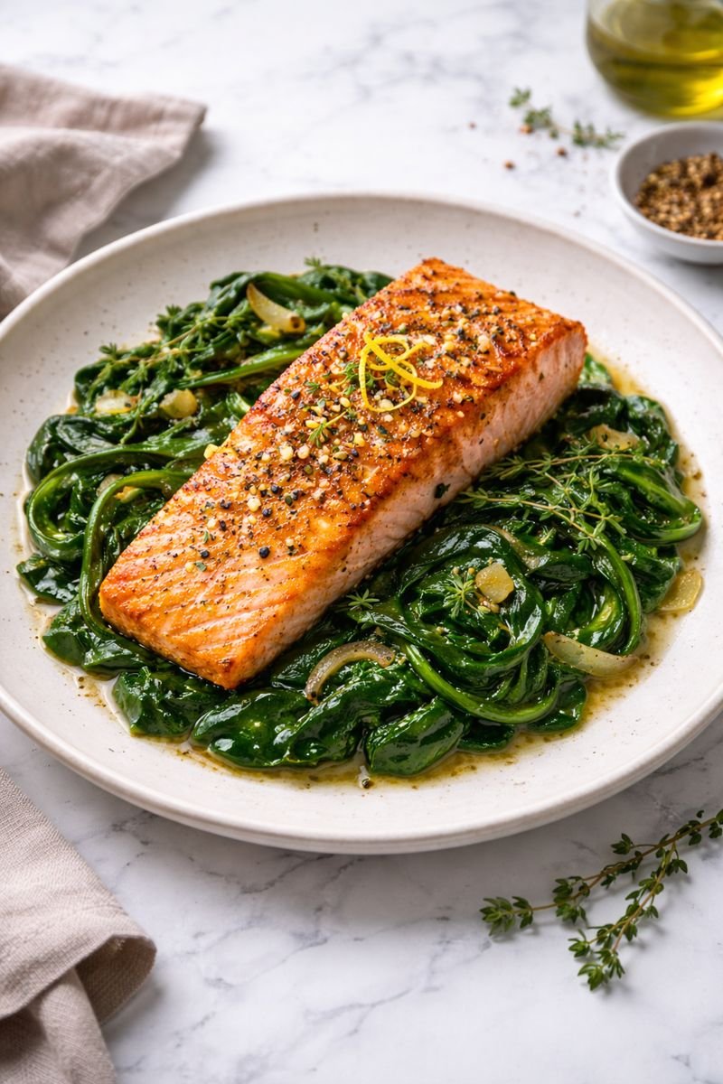 Lemon-Garlic Salmon with Savory Spinach