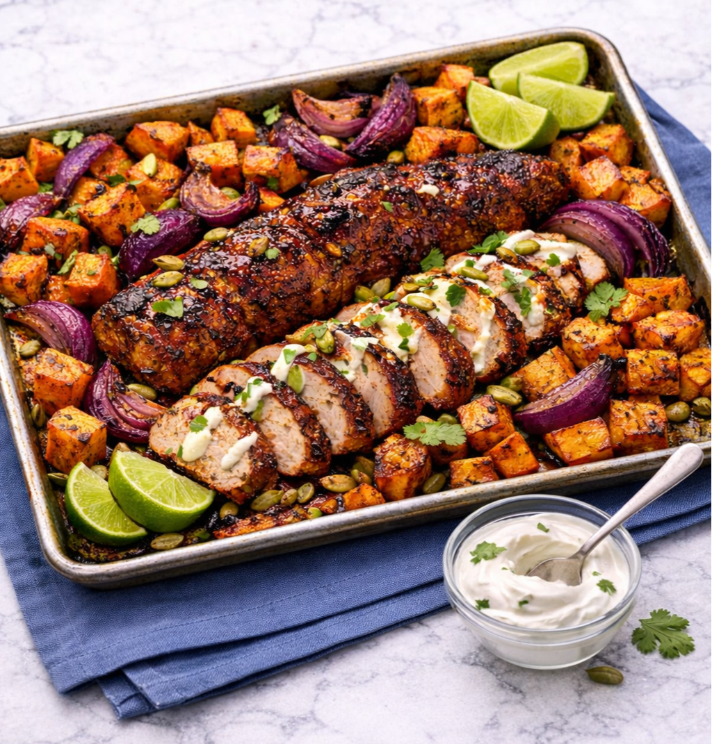 Sheet Pan Smoky Chipotle-Glazed Pork Tenderloin with Charred Sweet Potato &amp; Red Onion Wedges
