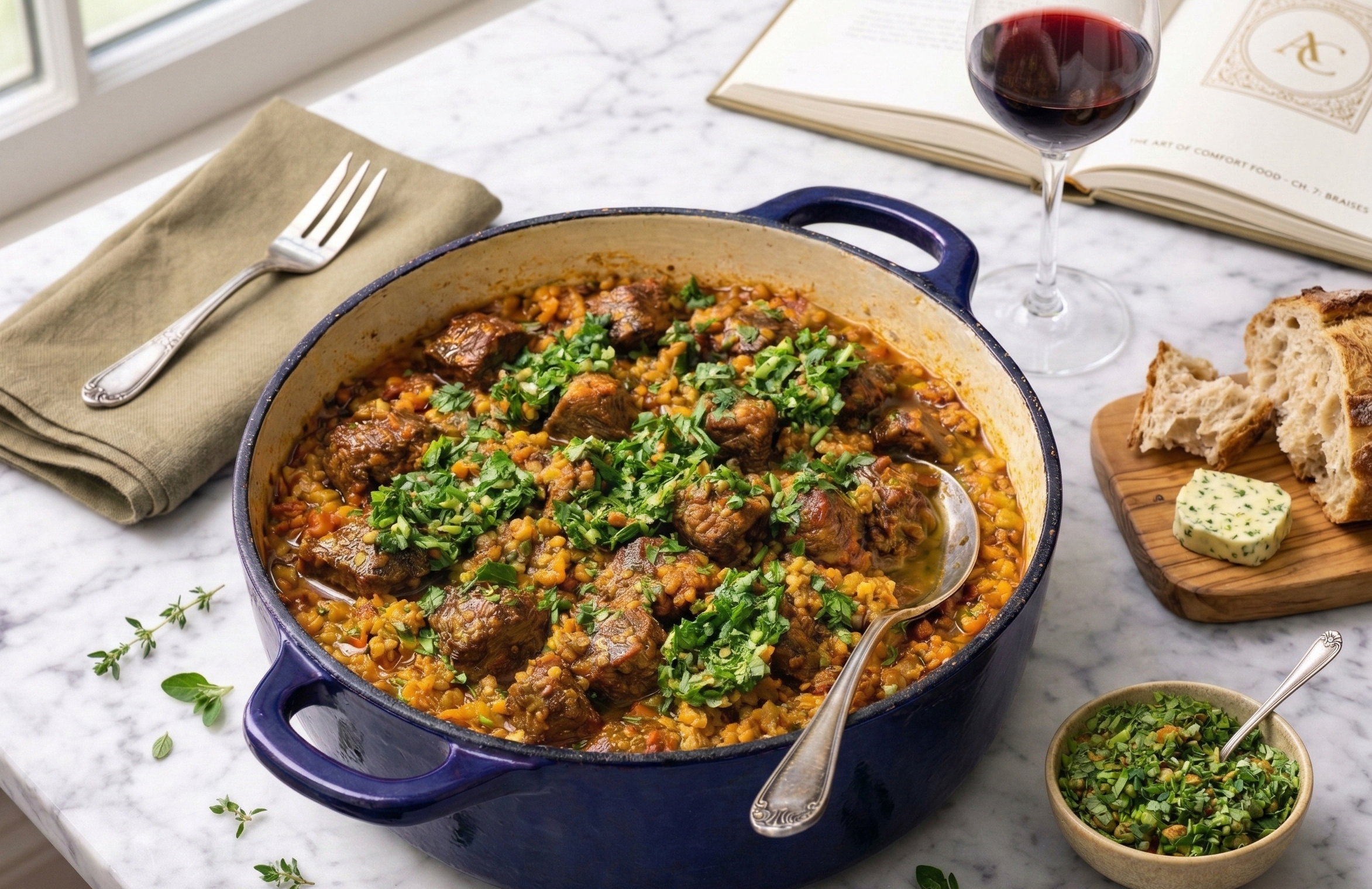 Cumin-Braised Chuck Roast with Aromatic Bulgur and Cilantro-Mint Gremolata