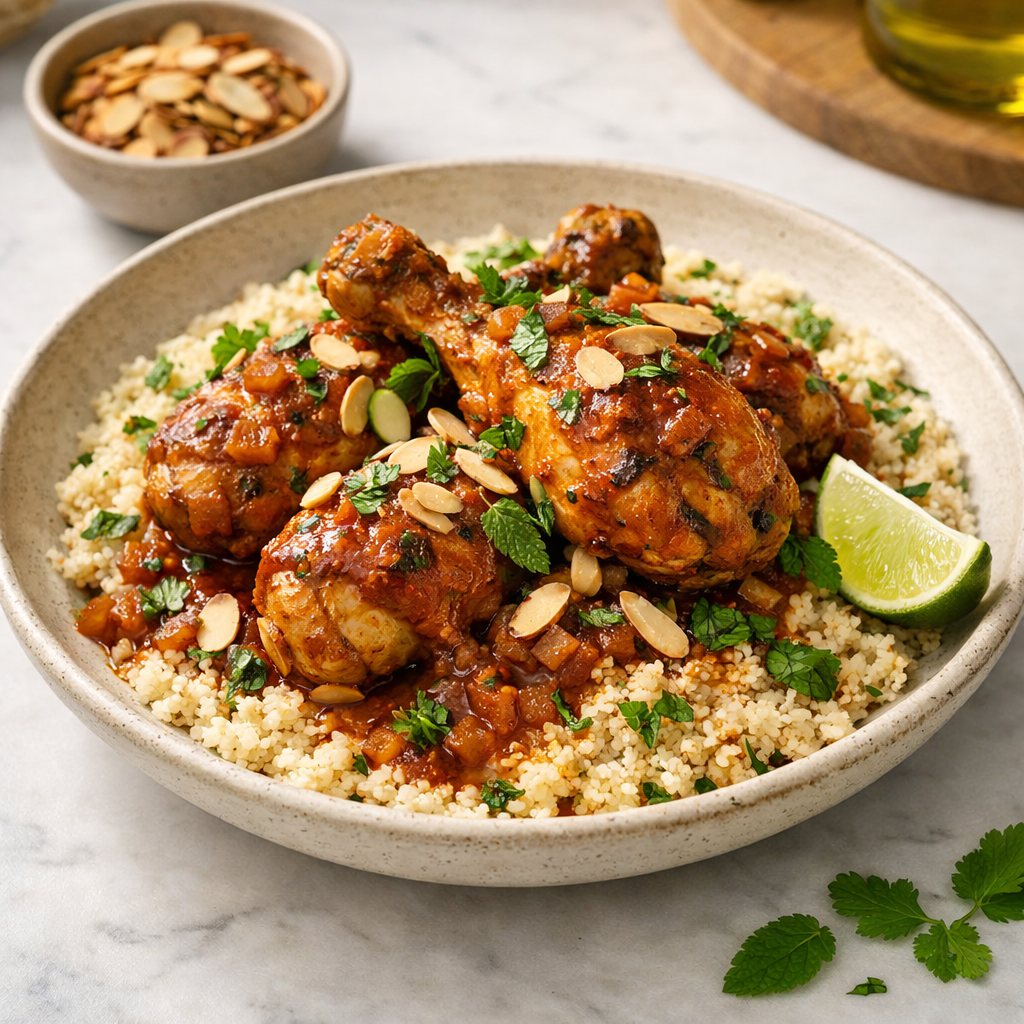 North African Spiced Chicken Drumstick Tajine with Toasted Almond Couscous