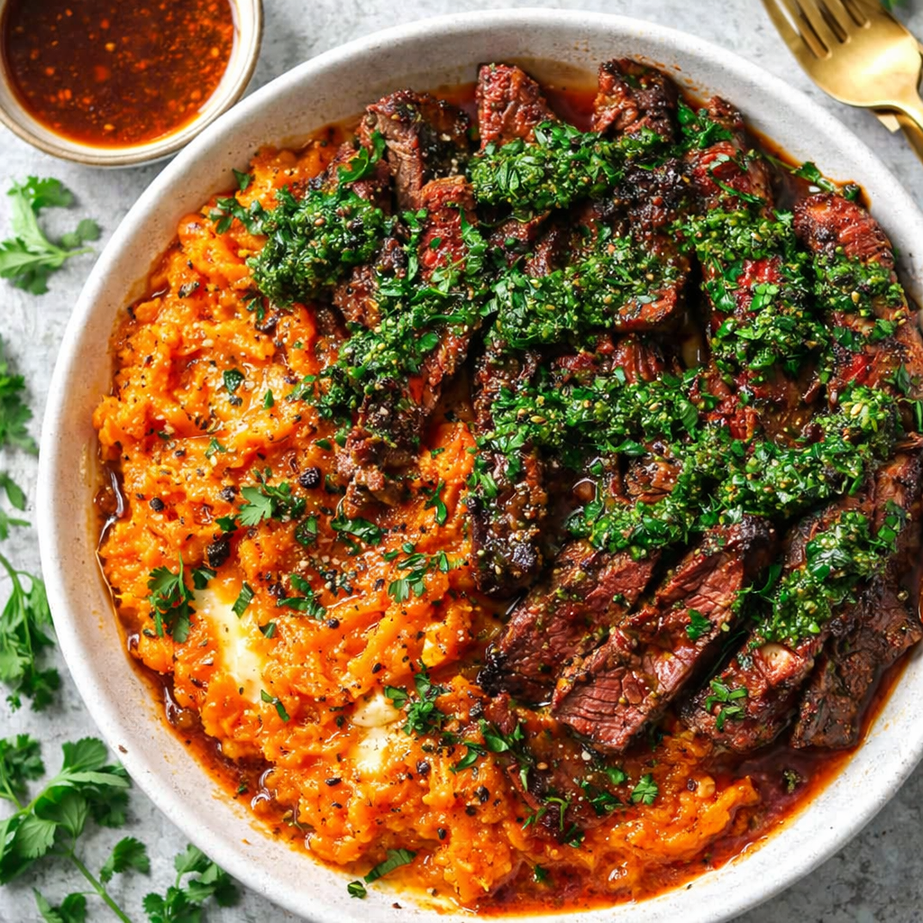 Adobo-Braised Flank Steak with Charred Scallion Chimichurri and Whipped Cumin Sweet Potatoes