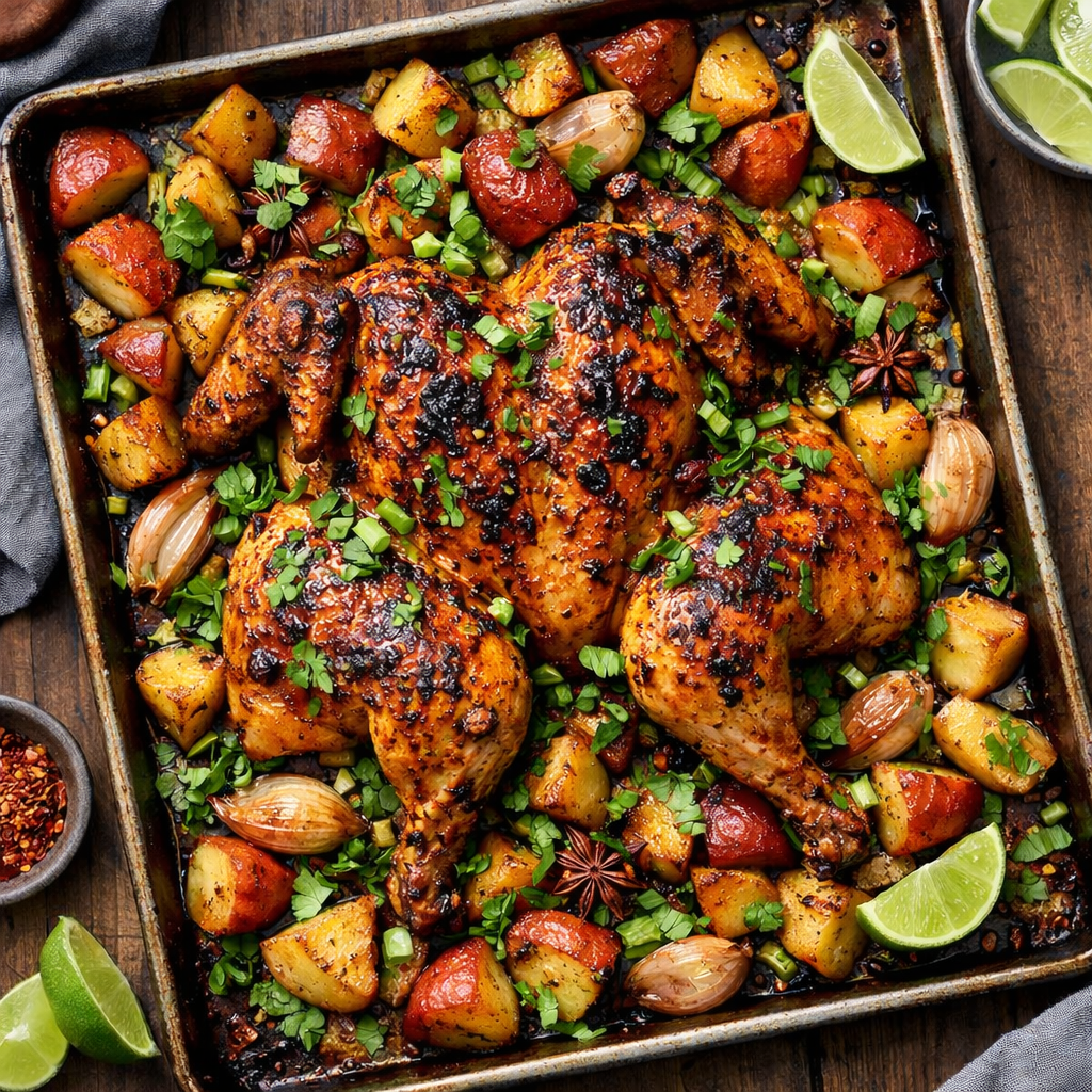 Sheet Pan Roasted Sichuan-Style Whole Chicken with Star Anise and Crispy Scallion Potatoes