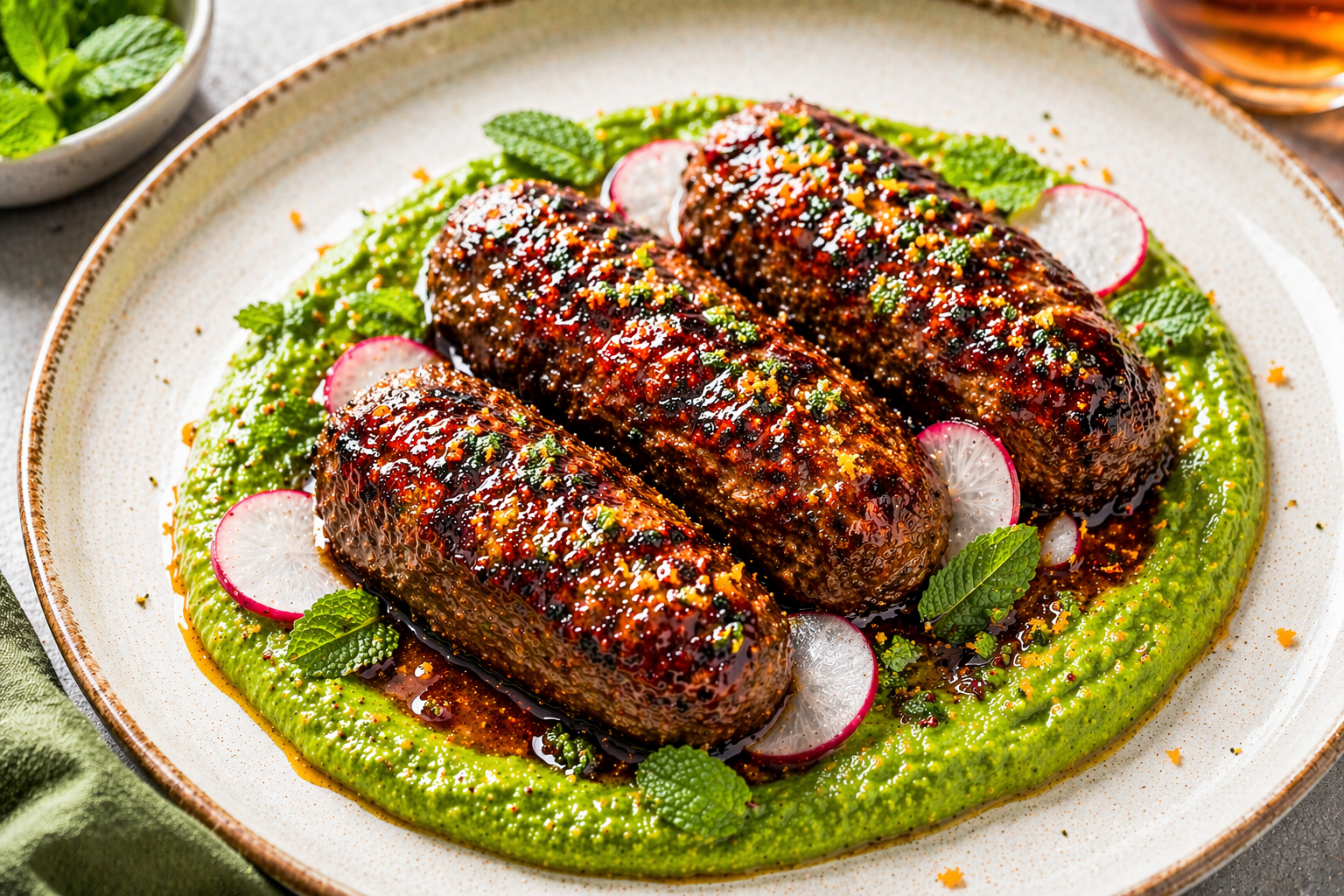 Sherry-Glazed Lamb Kofta over Spring Pea and Mint Purée