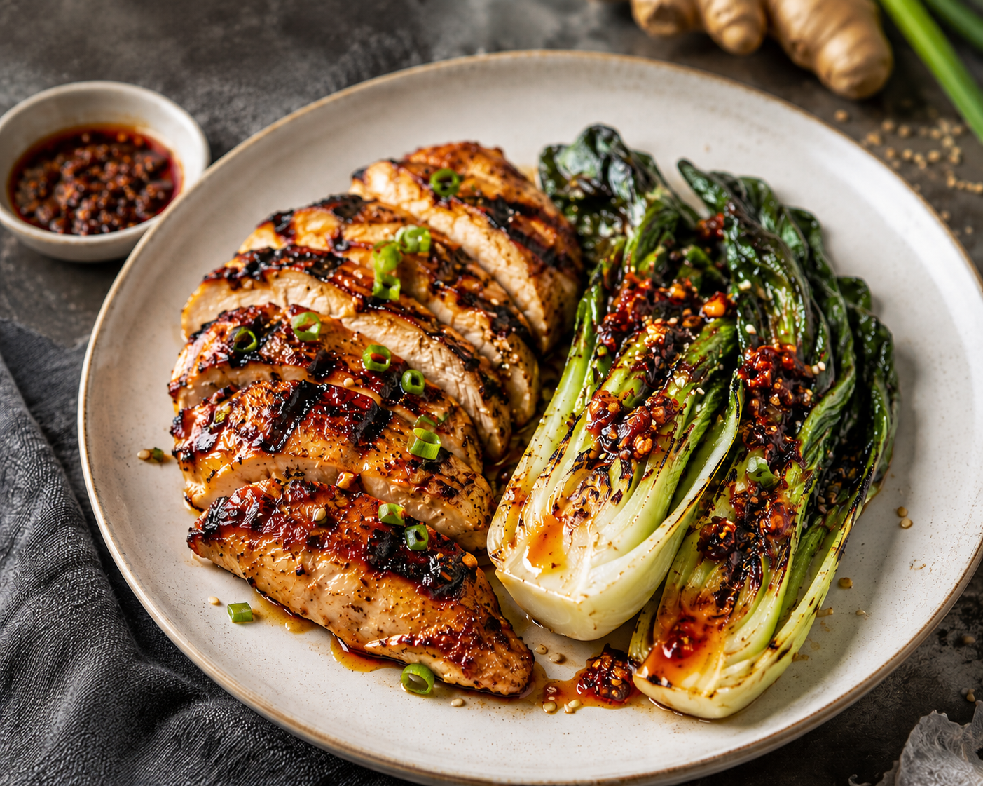Grilled Ginger-Garlic Chicken with Charred Bok Choy