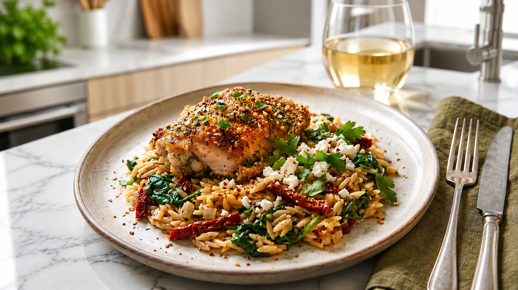 Za'atar and Panko Crusted Chicken Thighs with Sun-Dried Tomato Orzo