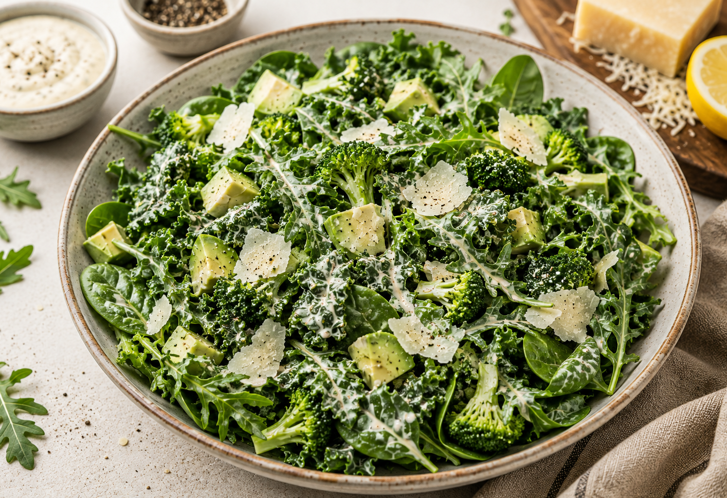 Super Green Caesar Salad with kale, spinach, arugula, broccoli, avocado, Parmesan, and creamy Caesar dressing