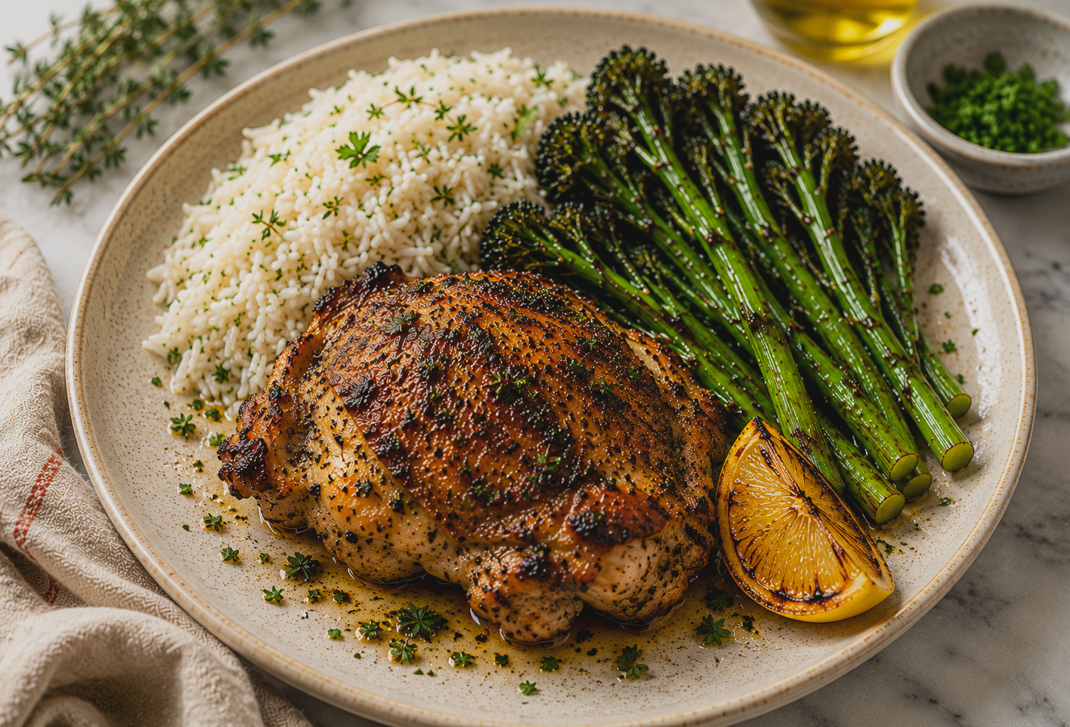 Greek Chicken Thighs with Thyme Basmati Rice &amp; Broccolini