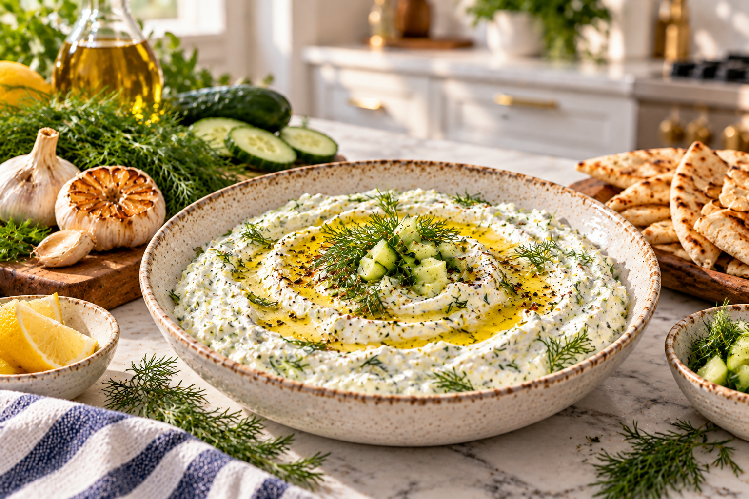 Whipped Feta Tzatziki with Roasted Garlic &amp; Fresh Dill