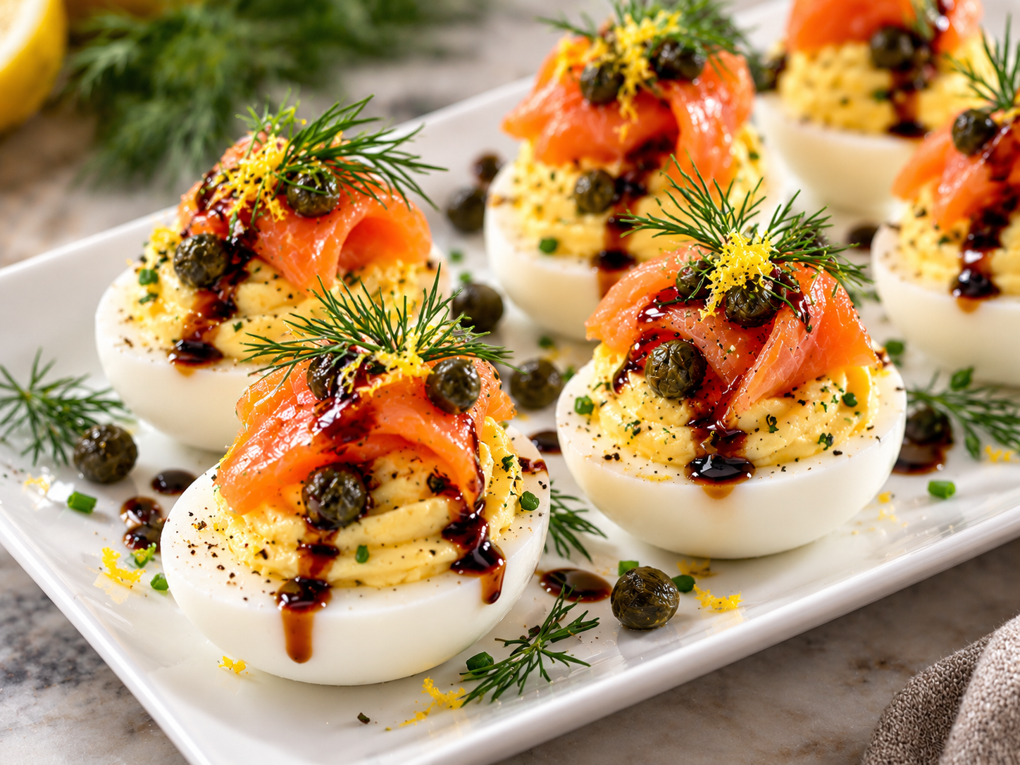 Deviled Eggs with Smoked Salmon, Capers &amp; Fig Balsamic Glaze
