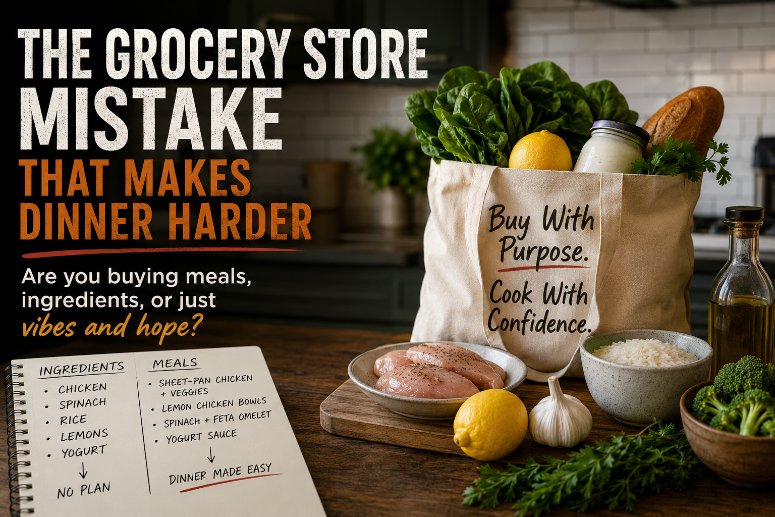 A well-organized grocery bag with fresh vegetables, chicken, rice, lemons, and herbs on a clean kitchen counter for meal planning.
